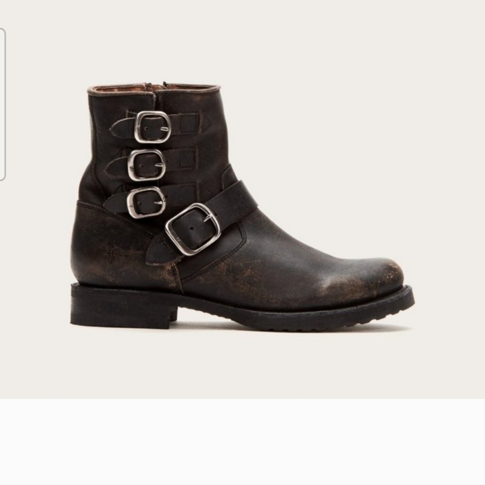 Frye Veronica Distressed Black Leather Buckle Boots